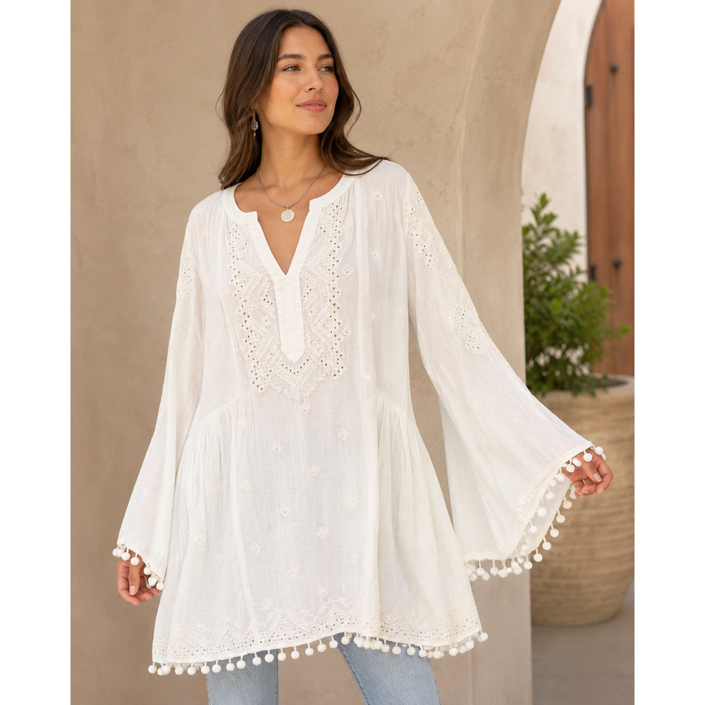 Sundance Catalog Sz M Off White Embroidered Pom Pom Tunic Top Blouse 100% Cotton